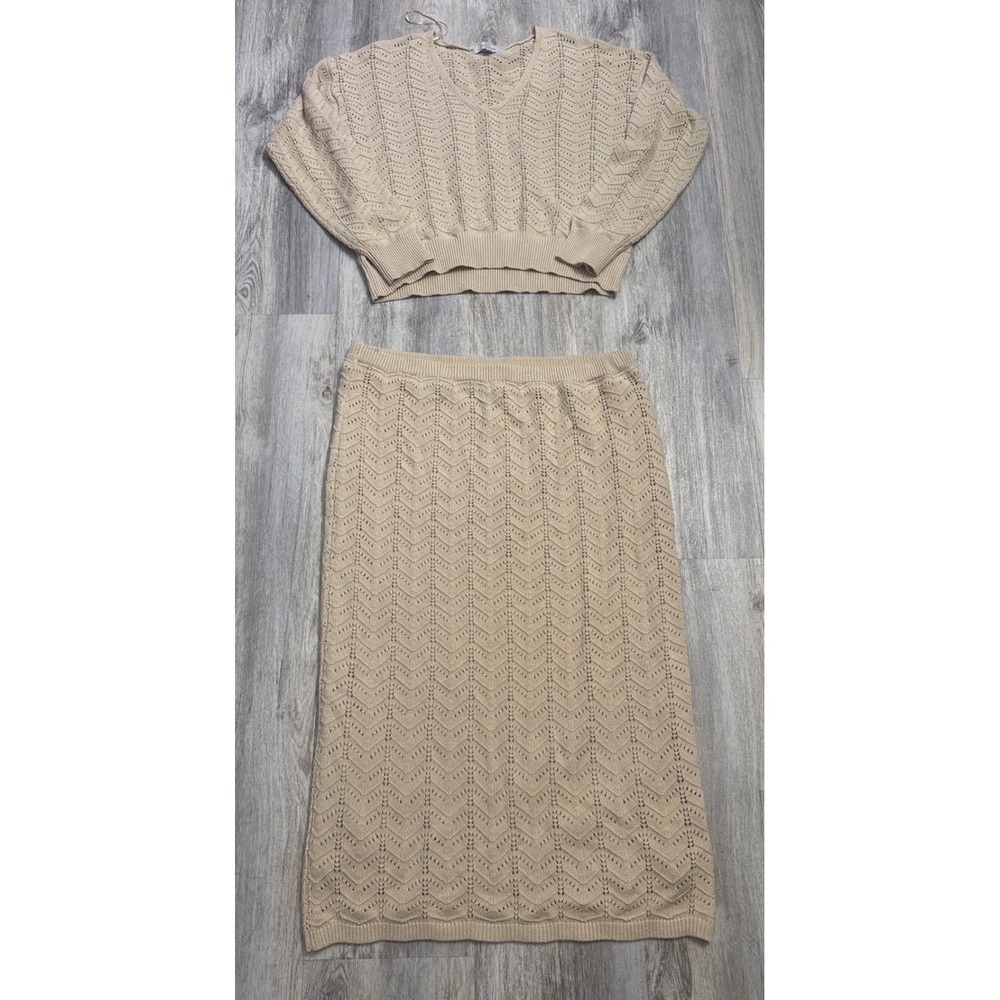 Casa Cabana Tan Beige Fisherman Chevron Knit Sweater and Midi Skirt Set XL